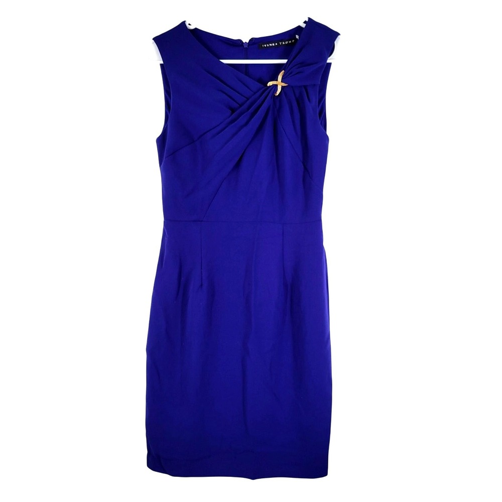 Ivanka Trump Sheath Dress Womens Size 2‎ Blue Sleeveless Gold Accent Neckline